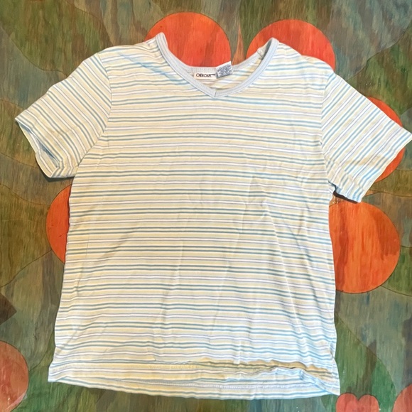 Cherokee Shirt Womens Small Stripe Short Sleeve T Shirt V Neck Cotton Blue Green - Picture 1 of 5